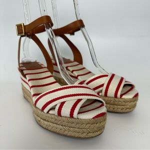 TORY BURCH Sandals Karissa Red White Stripe Espadrille Ankle Strap Wedge Boho